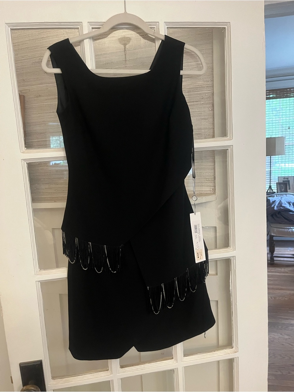 Sleeveless Black Mini Dress with Beaded Fringe Accent high end